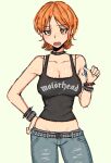  1girl female gothic jeans motorhead nami_(one_piece) one_piece open_mouth orange_eyes orange_hair short_hair snale solo spiked_bracelet spiked_collar studded_belt tank_top tattoo 