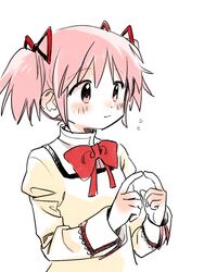  1girl blush bow bowtie closed_mouth collared_shirt commentary_request dot_nose flying_sweatdrops hair_ribbon high_collar highres juliet_sleeves kaname_madoka lace-trimmed_sleeves lace_trim light_smile long_sleeves looking_ahead mahou_shoujo_madoka_magica mahou_shoujo_madoka_magica_(anime) mitakihara_school_uniform nervous nervous_smile no+bi= own_hands_together pink_eyes pink_hair puffy_sleeves red_bow red_bowtie red_ribbon ribbon school_uniform shirt short_hair short_twintails simple_background smile solo tareme twintails upper_body white_background white_wrist_cuffs wrist_cuffs yellow_shirt 