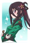  1girl akiiro_biyori black_hair closed_mouth clothing_cutout commentary_request corrupted_twitter_file crossed_arms from_side gloves hair_ornament highres long_hair long_sleeves looking_at_viewer military_uniform shichiseiken_(tenka_hyakken) shoulder_cutout side_ponytail sidelocks smile solo sparkle_background star_(symbol) star_hair_ornament tenka_hyakken uniform upper_body v-shaped_eyebrows very_long_hair violet_eyes white_gloves wide_sleeves 