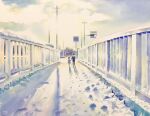  1boy 1girl blue_sky bridge child clouds cloudy_sky day didi_daisukedoi highres original painting_(medium) railing shadow sky sunlight traditional_media watercolor_(medium) 