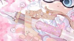  1girl blue_eyes bud buttons cherry_blossoms collared_shirt commentary crystal dot_nose english_commentary flower flower_brooch gun holding holding_gun holding_weapon inkling_girl inkling_player_character itiya1412 light_particles long_hair mixed-language_commentary parted_lips pink_flower shade shirt solo splash-o-matic_(splatoon) splatoon_(series) splatoon_3 tentacle_hair upper_body weapon weapon_focus white_hair white_shirt 