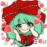  1girl asaka_haru123 bow frilled_bow frilled_ribbon frills front_ponytail green_eyes green_hair hair_bow hair_ribbon heart highres kagiyama_hina looking_at_viewer puffy_short_sleeves puffy_sleeves red_bow red_ribbon ribbon short_sleeves solo touhou upper_body 