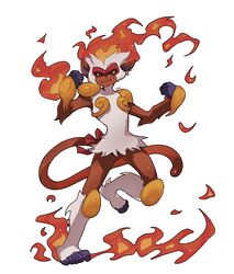  absurdres blue_eyes brown_fur clenched_hands colored_sclera fang fang_out fiery_hair fire full_body gold highres infernape knee_pads leg_up lole_pokemon looking_at_viewer monkey no_humans pokemon pokemon_(creature) pokemon_focus red_ribbon ribbon shoulder_pads smile solo standing tail tail_ornament tail_ribbon w_arms white_fur yellow_sclera 