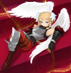  1girl :| absurdres akumesik angel angel_wings armor black_gloves blonde_hair blue_eyes braid breastplate closed_mouth feathered_wings gloves half-closed_eyes head_wings highres lying ochlys_(unicorn_overlord) on_back short_hair side_braids solo unicorn_overlord white_wings wings 