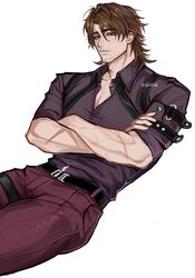  1boy arm_belt beard_stubble belt black_belt black_shirt brown_eyes brown_hair buckle chest_belt collared_shirt commentary cropped_legs crossed_arms dutch_angle facial_hair gallagher_(honkai:_star_rail) hair_behind_ear hair_between_eyes hashtag-only_commentary highres honkai:_star_rail honkai_(series) lanauwuuuu looking_at_viewer male_focus multiple_belts open_clothes open_shirt pants red_pants scar scar_on_arm shirt signature simple_background solo stubble veins veiny_arms white_background 