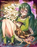  1girl :d back_bow blush bouquet bow brown_footwear commission commissioner_name dress flower frilled_dress frilled_sleeves frills glasses green_hair green_socks hair_bow holding holding_bouquet lily_(flower) long_hair long_sleeves looking_at_viewer munlu_(wolupus) open_mouth original pink_bow round_eyewear signature skeb_commission smile socks solo teeth upper_teeth_only violet_eyes 