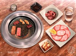  artist_logo commentary_request cooking cup dated drinking_glass food food_focus fruit grill grilling lemon lemon_slice meat no_humans ooranokohaku original raw_meat sauce shichirin still_life table water wooden_table 