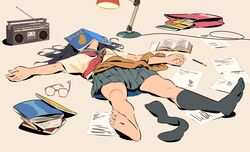  1girl black_hair black_socks book brown_sweater cable commentary covered_face desk_lamp full_body glasses grey_serafuku grey_skirt highres kneehighs lamp lying neckerchief on_back on_floor open_book original paper pencil radio red_neckerchief school school_uniform semham serafuku shirt skirt socks soles solo sweater toes unworn_eyewear unworn_socks unworn_sweater white_shirt 