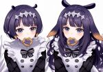  2girls blush character_cookie cookie dual_persona food food_in_mouth hair_ornament hololive hololive_english long_hair long_sleeves mole mole_under_eye multiple_girls ninomae_ina&#039;nis ninomae_ina&#039;nis_(6th_costume) pointy_ears purple_hair short_hair simple_background takodachi_(ninomae_ina&#039;nis) tentacle_hair upper_body violet_eyes virtual_youtuber white_background yuuyu_(777) 