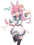  1girl animal_ears aqua_eyes aqua_sailor_collar aqua_trim belt black_thighhighs blush breasts cat_ears cat_girl cat_tail foot_out_of_frame hair_between_eyes hair_ribbon highres indie_virtual_youtuber leg_up looking_at_viewer manio medium_breasts mustard_(vtuber) open_mouth outstretched_arm outstretched_hand pink_hair pleated_skirt red_wristband ribbon sailor_collar salute school_uniform second-party_source serafuku sharp_teeth shirt short_sleeves side_ponytail simple_background skirt solo straight-on tail teeth thigh-highs white_background white_serafuku white_shirt white_skirt yellow_ribbon 