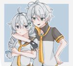  1boy 1girl ahoge arm_around_neck benghuai_xueyuan black_gloves black_sailor_collar blue_background breasts brother_and_sister commentary_request drill_hair fingerless_gloves gloves grey_background grey_eyes grey_hair grey_shirt hair_between_eyes hair_intakes hand_on_own_hip highres honkai_(series) kevin_kaslana kiana_kaslana long_hair necktie puffy_short_sleeves puffy_sleeves sailor_collar shirt short_sleeves siblings small_breasts twnamayo two-tone_background very_long_hair yellow_necktie 