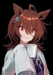  1girl agnes_tachyon_(umamusume) ahoge animal_ears black_background bow brown_hair chemical_structure closed_mouth coat coffee_mug commentary_request cup earrings hair_between_eyes holding holding_cup horse_ears horse_girl jewelry lab_coat looking_at_viewer messy_hair mug nazuka_(mikkamisaki) open_clothes open_coat purple_bow purple_shirt red_eyes sailor_collar school_uniform shirt short_hair simple_background single_earring sleeves_past_fingers sleeves_past_wrists smile solo summer_uniform tracen_school_uniform umamusume upper_body very_long_sleeves white_coat 