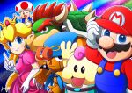  1girl 5boys absurdres blonde_hair blue_eyes bowser brown_hair crown dress facial_hair geno_(mario) gloves hat highres holding jewelry konsu_(konsu1182da) long_hair mallow_(mario) mario multiple_boys mustache open_mouth princess_peach smile solo super_mario_bros. super_mario_rpg toad_(mario) 