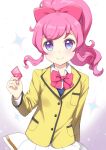  1girl blush bow bowtie closed_mouth collared_shirt commentary_request cowboy_shot hair_bow hand_up holding_ticket jacket kirarigaoka_middle_school_uniform kiratto_pri_chan long_hair long_sleeves looking_at_viewer momoyama_mirai pink_bow pink_bowtie pink_hair pleated_skirt ponytail pretty_series school_uniform shirt sidelocks skirt smile solo sparkle standing unya_(unya-unya) violet_eyes white_background white_shirt white_skirt yellow_jacket 