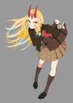  1girl absurdres bag blonde_hair charm_(object) facial_mark fate/grand_order fate_(series) floating_hair forehead_mark full_body grey_background highres horns ibaraki_douji_(fate) long_hair looking_at_viewer mame_cs5 oni pointy_ears school_bag school_uniform simple_background skirt solo wind 