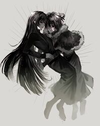  2girls absurdres bandage_over_one_eye black_capelet black_dress black_eyes black_hair blunt_bangs capelet colored_skin dress fur-trimmed_capelet fur_trim grey_background hair_ornament hair_stick highres hug long_hair long_sleeves multiple_girls naihe_(touqi_guaitan)_(female) short_hair single_hair_ring touqi_guaitan turtleneck turtleneck_dress very_long_hair white_skin wu_song_(touqi_guaitan) wulanlanlanlan 