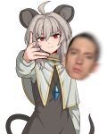  1boy 1girl ahoge animal_ears black_dress capelet closed_mouth dress eminem eminem_throwing_a_fat_rat_(meme) formicid grey_capelet grey_hair hair_between_eyes highres jewelry long_sleeves looking_at_viewer meme mouse_ears mouse_tail nazrin pendant photo_inset real_life red_eyes short_hair simple_background smile tail touhou white_background 