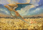  animal_focus blue_eyes charizard claws closed_mouth clouds cloudy_sky embers fangs flame-tipped_tail flying full_body grey_sky highres no_humans outdoors pokemon pokemon_(creature) sky solo volpecorvo wheat_field 
