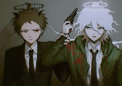  2boys ahoge black_jacket black_necktie brown_background brown_eyes brown_jacket brown_necktie collared_shirt d: danganronpa_(series) danganronpa_3_(anime) demon_boy formal grey_hair gun hair_between_eyes halo handgun heterochromia highres hinata_hajime holding holding_another&#039;s_wrist holding_gun holding_weapon hood hooded_jacket horns jacket komaeda_nagito lian_chou_zi_(rotsmell) long_sleeves male_focus multiple_boys nail_polish necktie open_clothes open_jacket red_eyes shirt sideways_glance weapon 