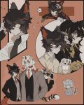  1girl 4boys aak_(arknights) animal_ear_piercing arknights bear_boy black_gloves black_hair black_hat black_jacket cat_boy closed_mouth collared_shirt cup dog_boy dragon_boy fingerless_gloves furry furry_female furry_male glasses gloves grey_jacket hair_between_eyes hair_over_one_eye highres holding holding_cup horns hung_(arknights) jacket jaye_(arknights) lee_(arknights) long_hair multiple_boys necktie red_horns red_necktie shirt single_horn sirakaro speech_bubble tiger_girl translation_request vial waai_fu_(arknights) white_shirt yellow_eyes 