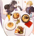  2b_fff 2boys armor black_gloves black_hair blonde_hair blue_eyes blue_shirt closed_eyes cloud_strife cocktail_glass cup drinking_glass earrings feeding final_fantasy final_fantasy_vii food from_above gloves hair_between_eyes hair_slicked_back holding holding_spoon jewelry male_focus multiple_boys plate shirt short_hair shoulder_armor sideburns single_bare_shoulder single_earring single_shoulder_pad sleeveless sleeveless_turtleneck spiky_hair spoon squiggle suspenders table turtleneck upper_body zack_fair 