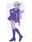 1girl ace_trainer_(pokemon) blonde_hair boots breasts closed_mouth frown full_body hair_ornament hand_on_own_hip high_heel_boots high_heels highres knee_boots long_hair long_sleeves medium_breasts miniskirt no_nose noi_(noi_pk27) pokemon pokemon_xy purple_footwear purple_skirt single_horizontal_stripe skirt solo violet_eyes 