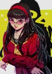  1girl amagi_yukiko black_hair black_sailor_collar blunt_bangs closed_mouth collarbone commentary datcravat glasses hair_behind_ear hairband highres long_sleeves looking_at_viewer neckerchief persona persona_4 persona_4_the_golden red_hairband red_lips red_sweater sailor_collar school_uniform serafuku solo sweater twitter_username upper_body yasogami_school_uniform yellow_neckerchief 