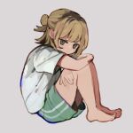  1girl barefoot blonde_hair from_side full_body green_shorts half_updo knees_up looking_at_viewer original s1ho_(ukiy0u0) shirt short_sleeves shorts simple_background sitting solo t-shirt white_shirt 