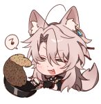  1boy animal_ears chibi closed_eyes cooking fox_boy fox_ears fox_tail frying_pan highres honkai:_star_rail honkai_(series) jiaoqiu_(honkai:_star_rail) majunjuu male_focus musical_note open_mouth pink_hair short_hair simple_background solo spoken_musical_note tail white_background 