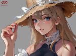  1girl adjusting_clothes adjusting_headwear alternate_costume bismarck_(kancolle) blonde_hair blue_eyes breasts close-up grey_background hair_between_eyes haruto_(harut_n) hat kantai_collection large_breasts long_hair looking_at_viewer portrait solo straw_hat sun_hat 