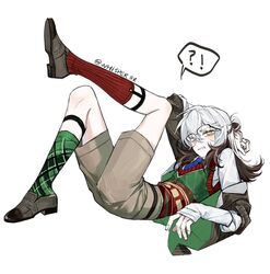  !? 1other androgynous asymmetrical_legwear blue_necktie brown_footwear brown_hair brown_jacket brown_shorts collared_shirt colored_tips crooked_eyewear glasses green_socks green_vest hand_up jacket leg_up legwear_garter looking_over_eyewear lying medicine_pocket medium_hair mismatched_legwear multicolored_hair necktie official_alternate_costume on_back plaid_clothes plaid_socks red_socks red_vest reverse:1999 shirt shorts socks solo speech_bubble spoken_interrobang sweater_vest two-tone_vest vest whisperxu9290 white_background white_hair white_shirt yellow_eyes 