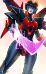  1girl armor autobot blue_eyes breasts dataglitch energy_sword highres humanoid_robot lina_rojas makeup mechanical_wings medium_breasts red_lips robot robot_girl shoulder_armor solo sword the_transformers_(idw) thighs transformers weapon windblade wings 