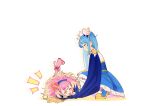  2girls absurdres blonde_hair blue_cape blue_dress blue_hair blush_stickers boots cape chinese_commentary closed_eyes commentary_request crown cure_sky cure_wonderful dress earclip earrings facing_another fingerless_gloves frilled_dress frills fringe_trim gloves gradient_hair hairband highres hirogaru_sky!_precure in-franchise_crossover jewelry long_hair lying magical_girl medium_dress mini_crown multicolored_hair multiple_girls notice_lines on_stomach open_mouth pantyhose pink_crown_(object) pink_footwear pink_hair pink_pantyhose playing precure simple_background sipeiren smile sora_harewataru squatting streaked_hair striped_clothes striped_pantyhose tilted_headwear twintails two-tone_dress two-tone_hair two_side_up very_long_hair white_background white_dress white_gloves wing_hair_ornament wonderful_precure! yellow_hairband yellow_pantyhose 