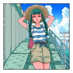  1girl arms_behind_head blue_sky border bow braid closed_mouth clouds day eyelashes green_eyes green_hair grey_shorts hat highres long_hair looking_at_viewer morry369 original outdoors pink_bow shirt shorts sky solo striped_clothes striped_shirt sun_hat twin_braids utility_pole white_border 
