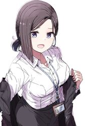  1girl black_jacket black_skirt blue_eyes breasts brown_hair collarbone collared_shirt commentary_request highres jacket lanyard large_breasts looking_at_viewer mole mole_under_eye nyoijizai office_lady open_mouth original removing_jacket shirt short_hair simple_background skirt smile solo white_background white_shirt 