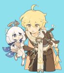  1boy 1girl ^^^ aether_(genshin_impact) ahoge arm_armor armor artist_name belt blonde_hair blue_background blue_eyes blue_scarf blush boots braid brown_belt brown_gloves brown_pants brown_shirt cape cho_kooooo collarbone constellation_print crystal_hair_ornament earrings flying genshin_impact gloves gold_trim hair_between_eyes hair_ornament hair_ribbon halo hand_on_own_chin hand_on_own_hip hand_up highres index_finger_raised jewelry long_hair long_sleeves looking_at_another mechanical_halo notice_lines open_mouth orange_cape paimon_(genshin_impact) pants puffy_long_sleeves puffy_sleeves ribbon romper scarf shirt short_hair short_sleeves shoulder_armor simple_background single_earring single_thighhigh smile standing thigh-highs v-shaped_eyebrows white_footwear white_hair white_ribbon white_romper white_scarf white_thighhighs yellow_eyes 