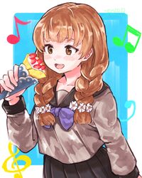  1girl 250en_remon black_sailor_collar blue_background blue_neckerchief blush braid brown_hair crepe eating excited flower flower_ornament food fruit grey_serafuku hair_flower hair_ornament highres holding holding_food juusan_kihei_bouei_ken long_hair long_sleeves looking_at_food musical_note neckerchief open_mouth pleated_skirt plump sailor_collar sawatari_miwako school_uniform serafuku shirt simple_background skirt solo strawberry twin_braids twintails white_flower 