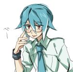  1boy :3 :p blue_hair blue_nails blue_necktie closed_mouth edward_(chookooreetoo) hand_up looking_at_viewer matsudappoiyo multicolored_hair necktie shirt short_sleeves simple_background smile solo streaked_hair tongue tongue_out upper_body utau white_background white_hair white_shirt wristband 