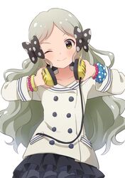  1girl bead_bracelet beads black_ribbon black_skirt blue_scrunchie blurry blush bow bracelet breasts buchi_(y0u0ri_) closed_mouth collarbone depth_of_field dot_nose glint grey_hair hair_bow hair_ribbon handa_roco headphones headphones_around_neck headphones_removed idolmaster idolmaster_million_live! idolmaster_million_live!_theater_days jacket jewelry layered_skirt long_hair long_sleeves looking_at_viewer one_eye_closed parted_bangs polka_dot polka_dot_scrunchie ribbon scrunchie simple_background skirt small_breasts smile solo twintails upper_body very_long_hair white_background white_jacket wrist_scrunchie yellow_eyes 