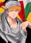  &gt;:) 1boy absurdres adapted_costume bleach brown_eyes closed_mouth collarbone commentary english_commentary eyebrows_hidden_by_hair flag fringe_trim grey_hat hair_between_eyes hat highres holding holding_flag jordanian_flag kurosaki_ichigo looking_at_viewer orange_hair scarf short_hair simple_background smile smirk solo spiky_hair tsurime upper_body upturned_eyes v-shaped_eyebrows white_scarf yellow_background yshjsw 