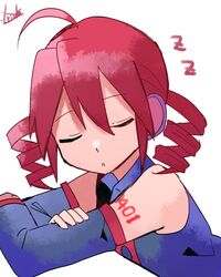  1girl ahoge closed_eyes crossed_arms detached_sleeves drill_hair kasane_teto long_sleeves parted_lips pink_hair shirt sleeping sleeveless sleeveless_shirt twin_drills utau yuusuke-kun zzz 