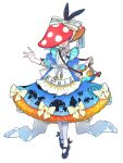  1girl :d blue_dress bow clock_print dairoku_ryouhei dress dress_bow drink_me eat_me facing_viewer food_print full_body gloves hat hat_bow mary_janes mushroom_hat mushroom_print new_chigusa pantyhose petit_grande puffy_short_sleeves puffy_sleeves shoes short_sleeves smile socks standing teapot white_gloves white_pantyhose 