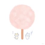  animal arms_up ayu_(mog) blush_stickers cat closed_eyes commentary cotton_candy covering_own_mouth food_focus happy no_humans open_mouth original rabbit signature simple_background translation_request undersized_animal white_background 