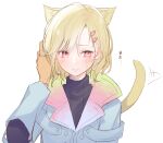  1other animal_ears antenna_hair aqua_coat blonde_hair cat_ears coat gnosia hair_between_eyes hair_ornament hairclip looking_at_viewer nekotemari other_focus red_eyes setsu_(gnosia) short_hair simple_background solo tail translation_request turtleneck 