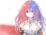  1girl alear_(female)_(fire_emblem) alear_(fire_emblem) blue_eyes blue_hair bow bowtie braid breasts charles_zatu crossed_bangs crown_braid fire_emblem fire_emblem_engage floating_cape heterochromia large_breasts long_hair looking_at_viewer multicolored_hair red_eyes redhead solo split-color_hair tiara white_bow white_bowtie 
