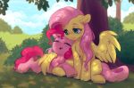  2girls blue_sky blush bush closed_eyes clouds day feathered_wings fluttershy grass green_eyes highres horse long_hair looking_at_another multiple_girls my_little_pony my_little_pony:_friendship_is_magic open_mouth outdoors pegasus pink_fur pink_hair pinkie_pie sky skylight_(ls_skylight) sleeping tree wings yellow_fur yellow_wings 