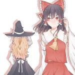  2girls black_dress black_hair black_hat blonde_hair bow closed_mouth commentary detached_sleeves dress hair_bow hair_tubes hakurei_reimu hat hitte5416 kirisame_marisa long_hair medium_hair multiple_girls necktie red_bow red_eyes red_shirt red_skirt shadow shirt simple_background skirt smile touhou white_background white_shirt witch_hat yellow_necktie 