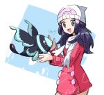  1girl beanie black_eyes black_hair blonde_hair border coat dot_nose fish from_side hat hikari_(pokemon) holding holding_pokemon long_hair looking_at_viewer lumineon open_mouth pink_coat pokemon pokemon_(creature) pokemon_dppt scarf shiozuke signature white_border white_hat white_scarf 