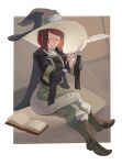  1girl absurdres bob_cut book boots bridal_gauntlets brown_footwear cape closed_eyes diagonal_bangs fire_emblem fire_emblem_awakening glasses hair_tubes hat highres kaphrin leather leather_boots miriel_(fire_emblem) quill redhead witch_hat 