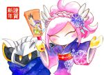  1boy 1girl alternate_costume armor cape closed_eyes coo_(kirby) hagoita hitimiko31647 japanese_clothes kimono kirby:_planet_robobot kirby_(series) mask meta_knight new_year paddle painting_(medium) pauldrons pink_hair pitch_(kirby) purple_kimono shoulder_armor susie_(kirby) traditional_media watercolor_(medium) wide_sleeves yellow_eyes 